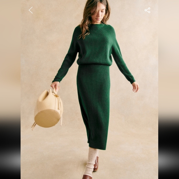 Sezane Naelle Merino Wool/ Organic Cotton Bottle Green Midi Skirt